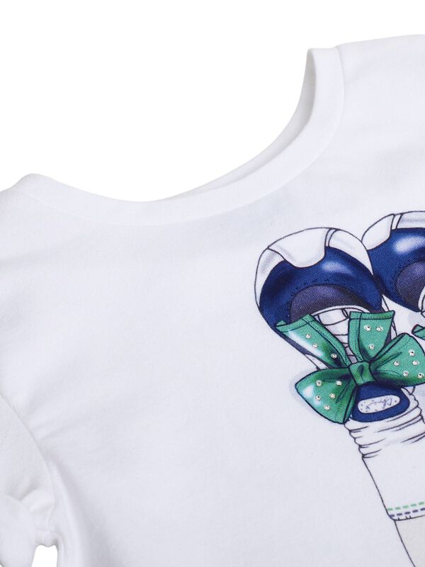 Girls White & Green Printed T-Shirt with Short Pants image number 1